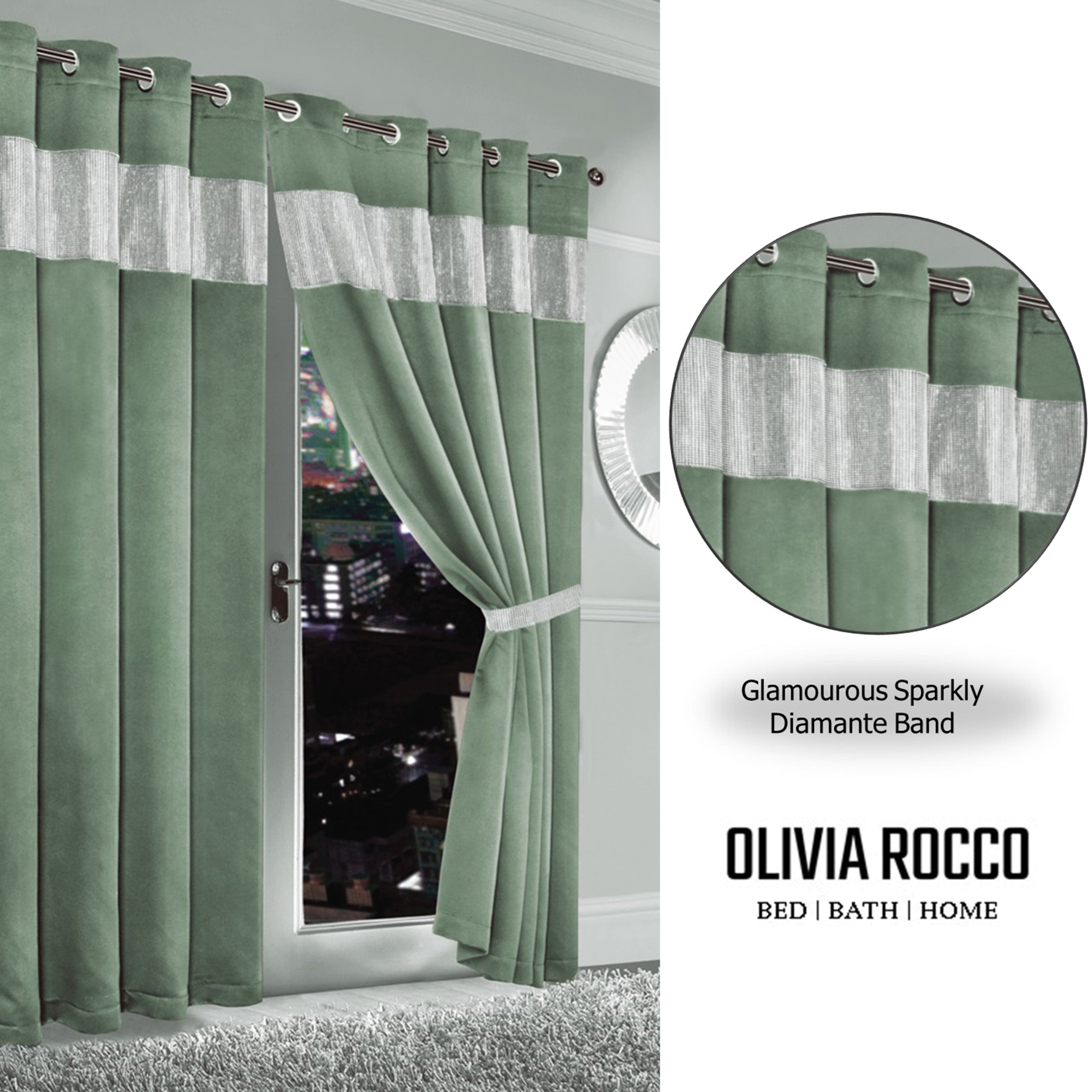 Diamante Sage Green Blackout Eyelet Curtains with Tie Backs Blackout Thermal Ring Top Window Dressings
