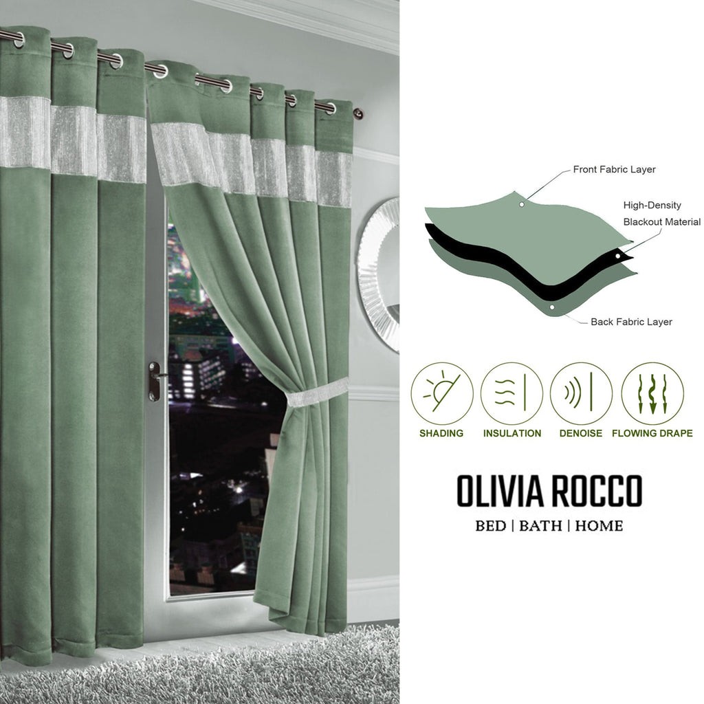 Diamante Sage Green Blackout Eyelet Curtains with Tie Backs Blackout Thermal Ring Top Window Dressings