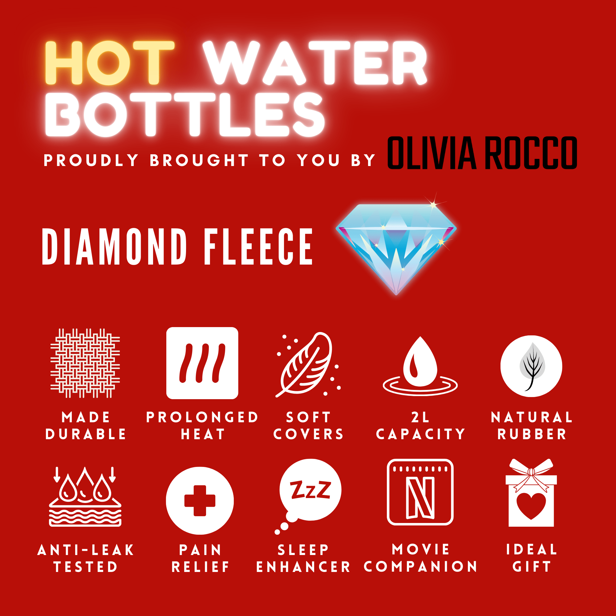 Diamond Fleece Plush Hot Water Bottle 2L with Pom Poms for Ultimate Warmth and Comfort Natural Rubber UK Safe Tested Ideal Gift for Adults Kids