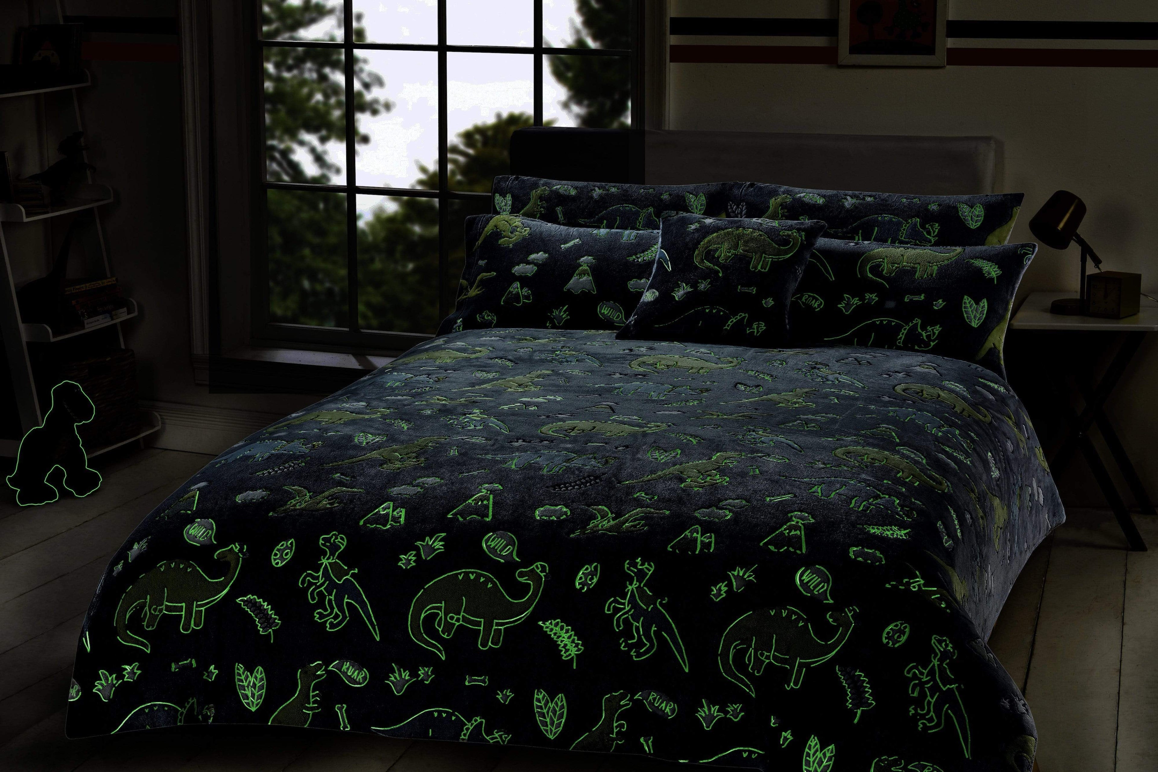 Dinosaur Glow In The Dark Teddy Fleece Bedding Set with Bed Throw and Cushion Prehistoric Design for Kids Available in Single and Double Sizes