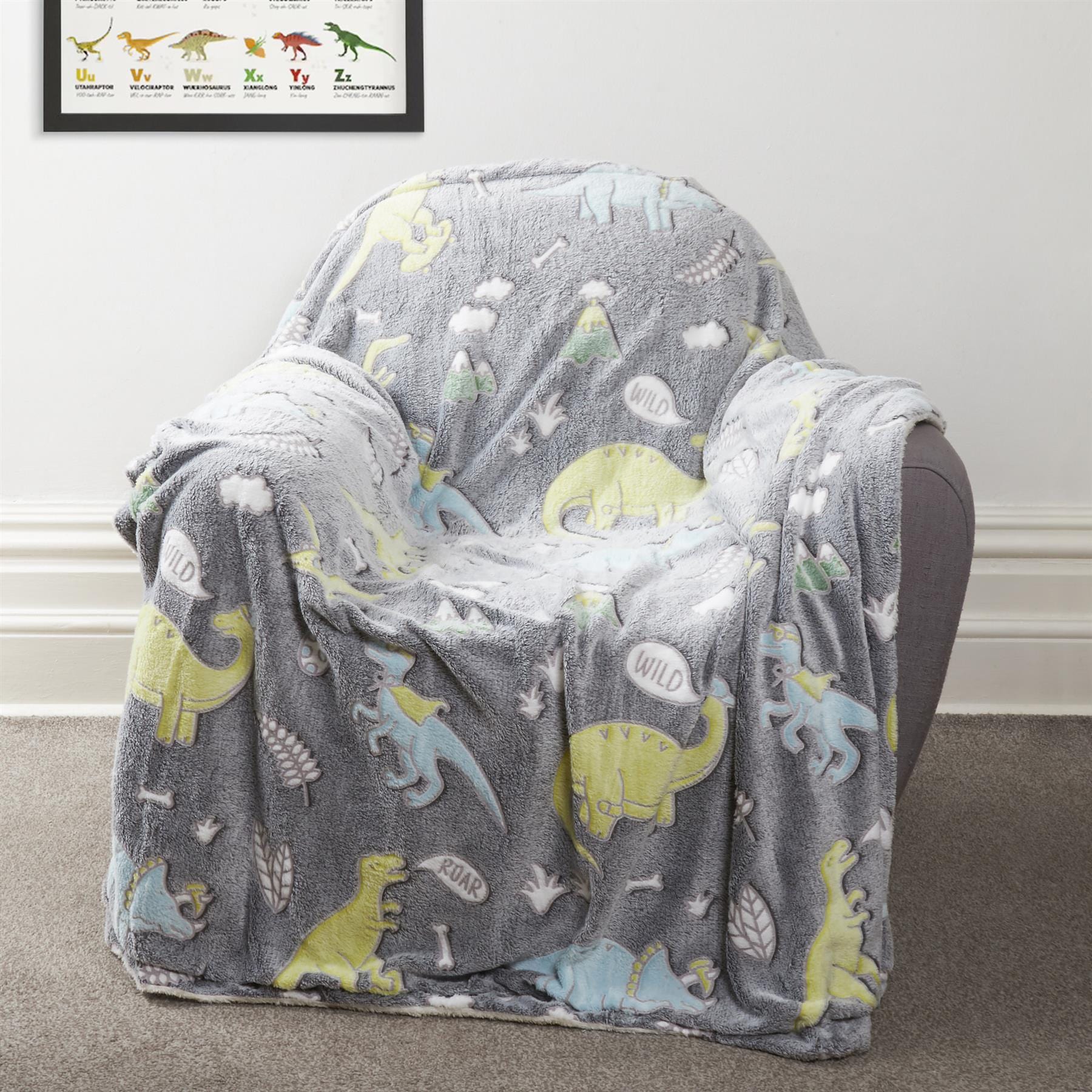 Dinosaur Glow In The Dark Teddy Fleece Bedding Set with Bed Throw and Cushion Prehistoric Design for Kids Available in Single and Double Sizes