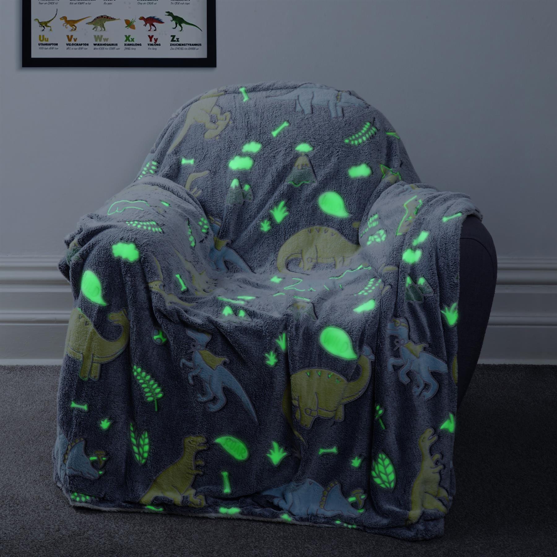 Dinosaur Glow In The Dark Teddy Fleece Bedding Set with Bed Throw and Cushion Prehistoric Design for Kids Available in Single and Double Sizes