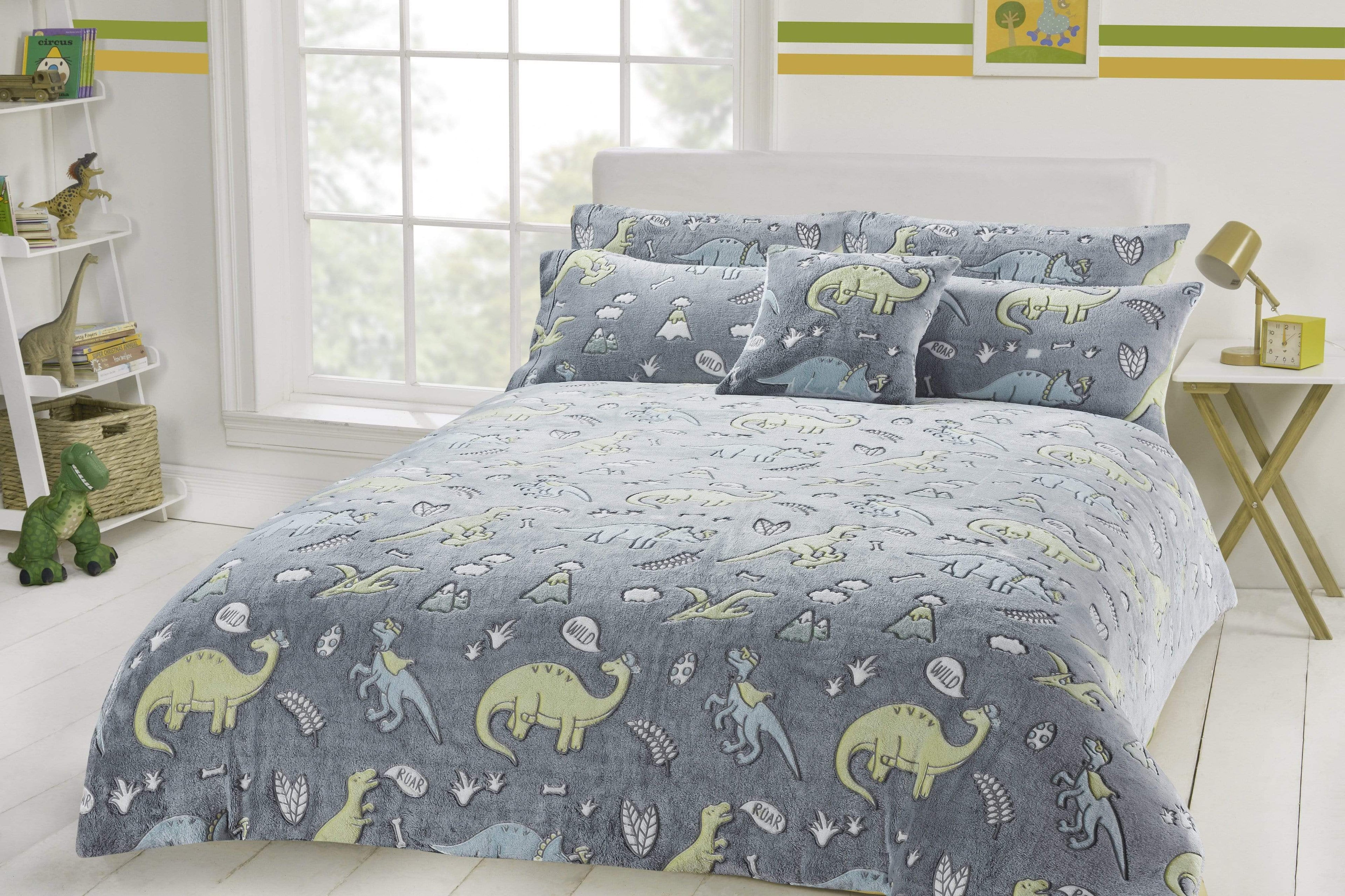Dinosaur Glow In The Dark Teddy Fleece Bedding Set with Bed Throw and Cushion Prehistoric Design for Kids Available in Single and Double Sizes