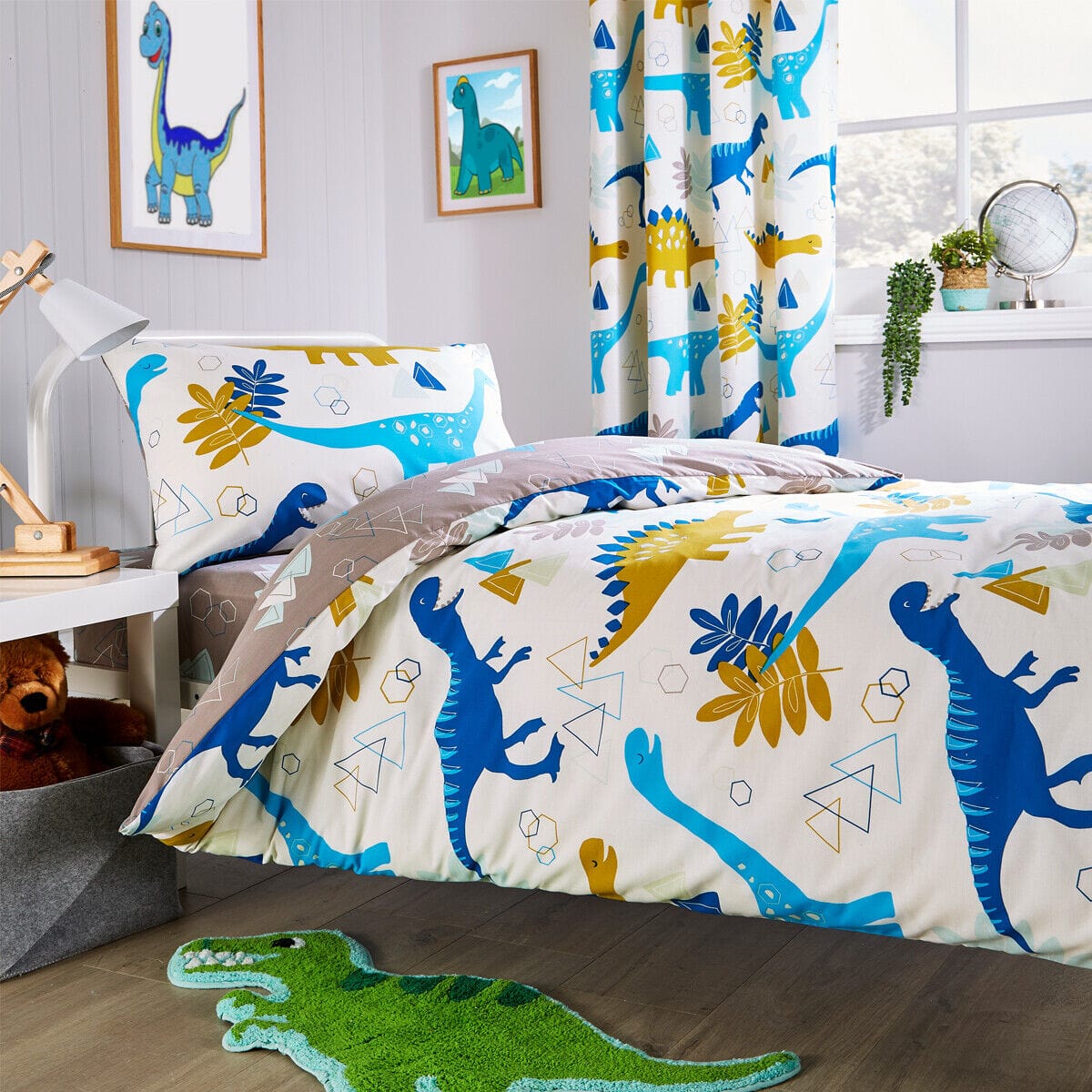 Dinosaur Kids Bedding Set Soft Cotton Blend Duvet Cover with Pillowcases & Optional Curtains for Boys and Girls Single and Double Sizes