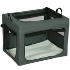 Grey fabric pet carrier with front zip door and mesh sides, includes light cushion mat