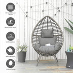 Wicker egg chair with grey cushions and teardrop woven frame