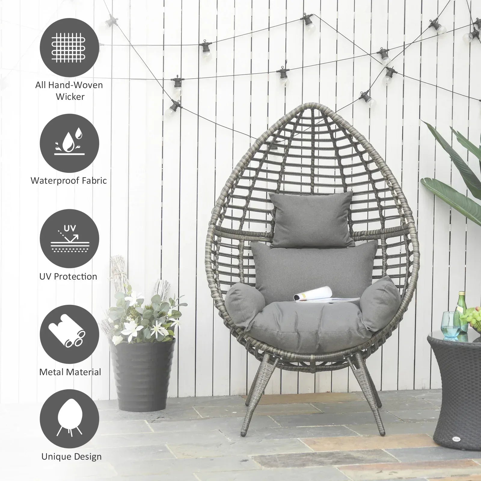 Teardop PE Wicker Rattan Chair w/ Thick Cushions 4 Legs Outdoor Seat Egg Garden - Bobobiy