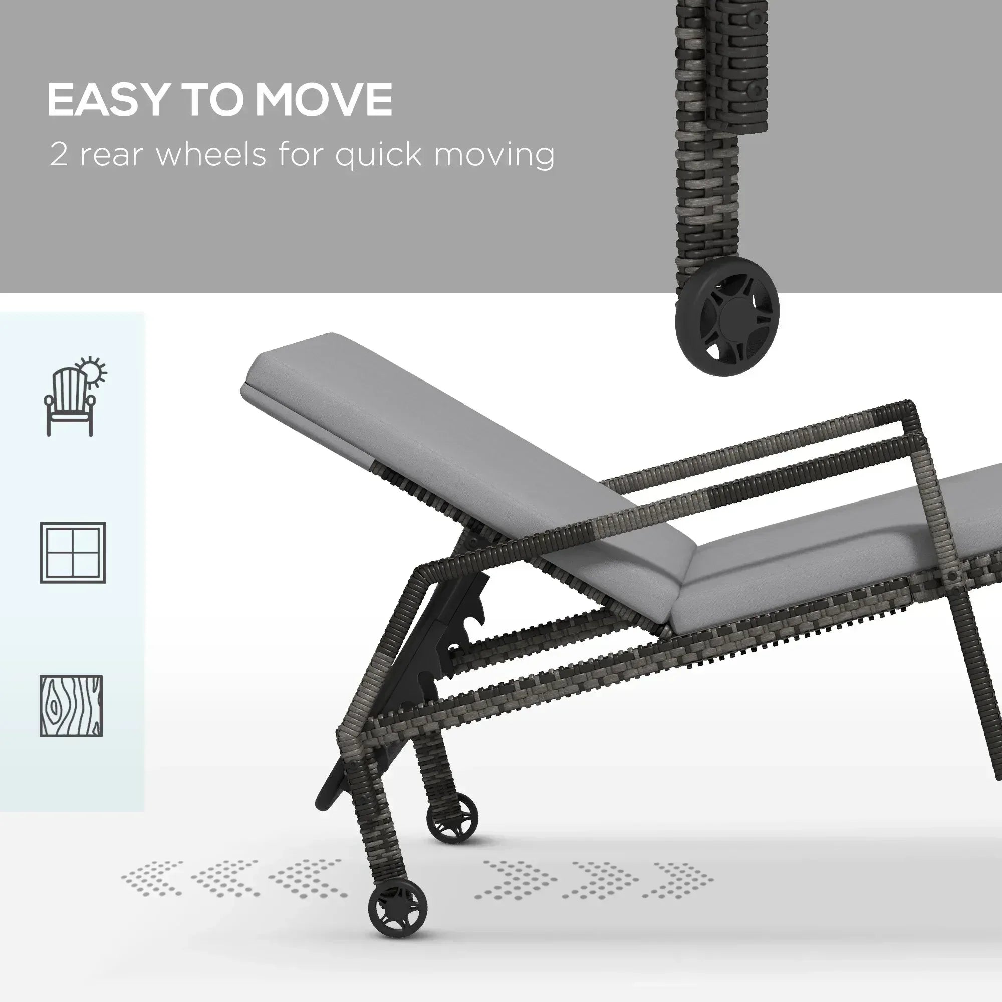 Outdoor Sun Lounger, Rattan Wicker Chaise Recliner with 5-Level Adjustable Backrest and 2 Wheels - Bobobiy