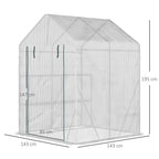 Portable greenhouse with green frame and clear PE mesh cover, shown with size dimensions