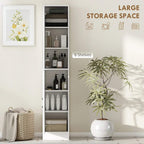 White tall bathroom cabinet with multiple shelves inside and door storage