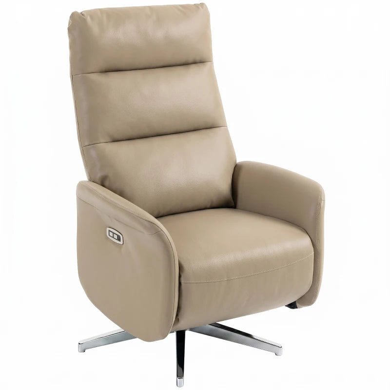 Brown power recliner chair with swivel base, cushioned footrest, and side control panel