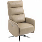 Brown power recliner chair with swivel base, cushioned footrest, and side control panel