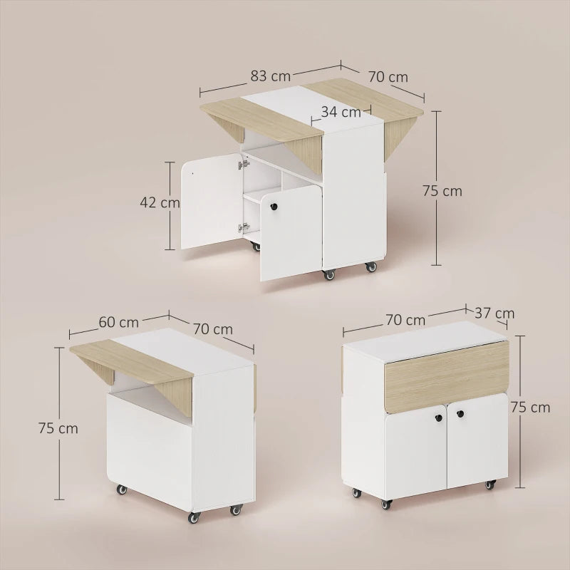 White rolling drop-leaf table with built-in cabinet and hidden shelf, shown open