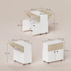 White rolling drop-leaf table with built-in cabinet and hidden shelf, shown open