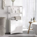 White floor cabinet with open shelves and lower cupboard doors, shown with bathroom items inside