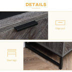 Dark grey drawer pull and steel legs detail on bedside table.