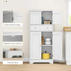 White freestanding kitchen cabinet with metal hinges, magnetic door catches, and pedestal base