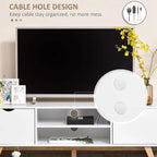 White TV stand cabinet with cable-hole opening and open storage, wood legs