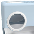 Blue enclosed cat litter box front entry door with white circular frame