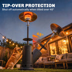 Brown gas patio heater with tip-over protection, glowing burner head