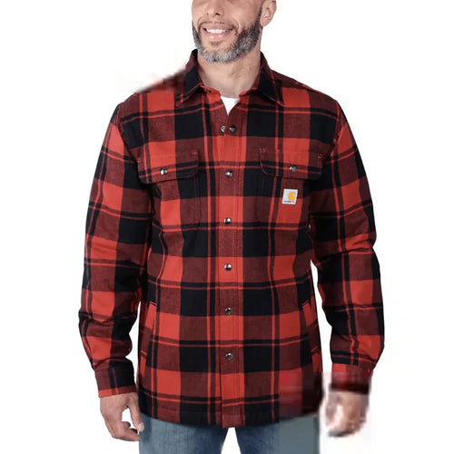 Carhartt 105939 Relaxed Fit Heavyweight Flannel Sherpa-Lined Shirt Jacket Red Ochre Small - Bobobiy