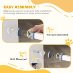 White pressure mounted stair gate showing hardware for easy installation and secure fit