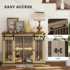 Oak-tone dog crate furniture with sliding doors, metal handles, and latch lock.