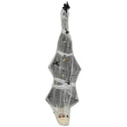 Hanging grey mummy decoration with spider web shroud and glowing yellow eyes