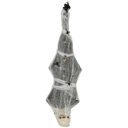Hanging grey mummy decoration with spider web shroud and glowing yellow eyes
