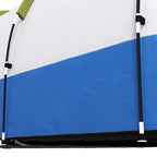 Tent lower fabric close-up: blue panel with reinforced black hem and corner pole supports