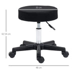 Black padded round stool seat on hydraulic swivel base with five casters