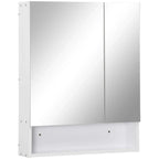 White wall-mounted bathroom mirror cabinet with two-door mirrored front and open bottom storage.