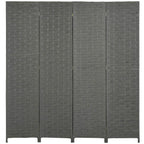 Grey 4-panel room divider screen with woven fabric panels and folding frame