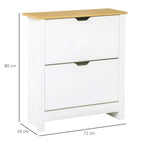 White narrow shoe cabinet with wood-look top; dimensions 72x80x26 cm