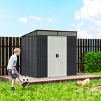Grey metal tool shed with double sliding doors and vent panel on raised base