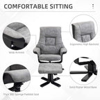 Grey fabric swivel recliner chair with footstool, padded back and arms, black base.