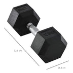 Black rubber hex dumbbell with knurled handle, size markers shown in cm
