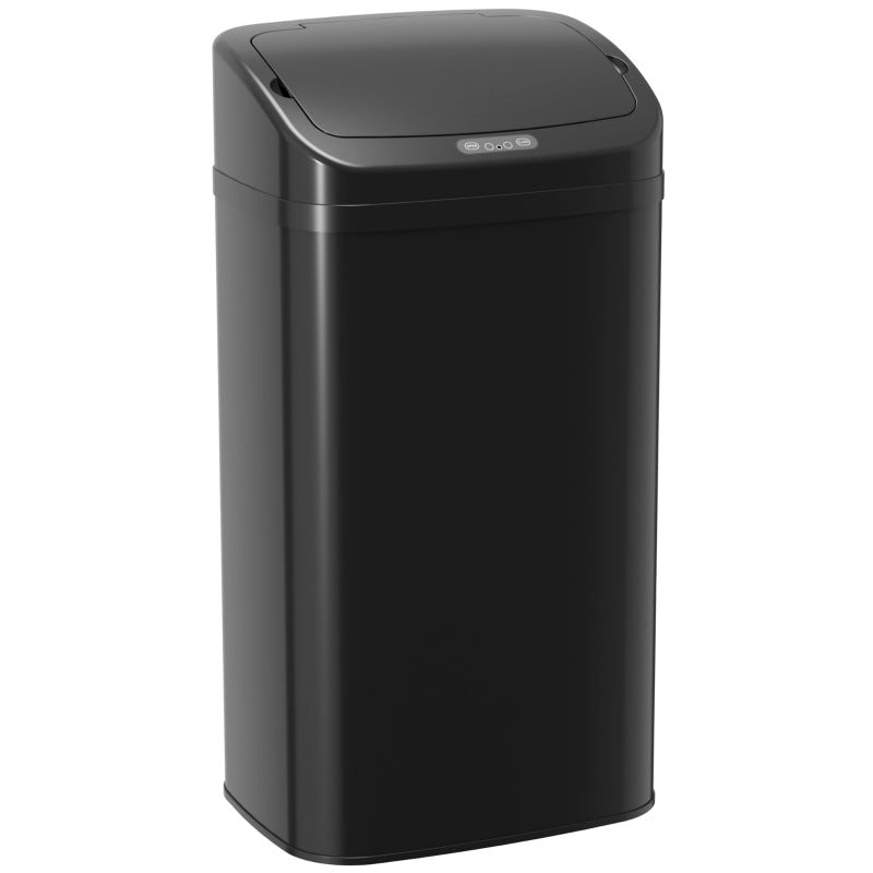 Black 48 L sensor trash bin with closed, hinged lid and control panel on top.