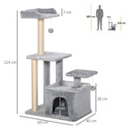 Light grey cat tree tower design with two platforms, cubby, and hanging ball