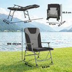 Black padded camping recliner chair with wide armrests and foldable steel base