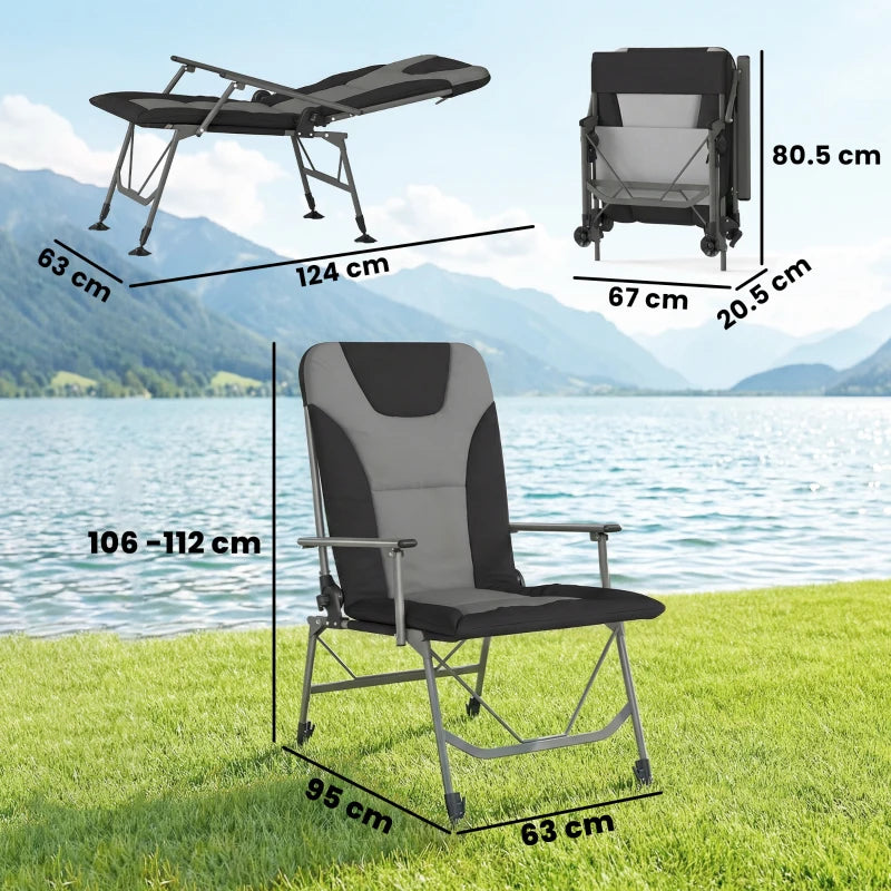 Black padded camping recliner chair with wide armrests and foldable steel base