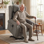 Dark grey power lift recliner chair with high back and side storage pocket