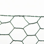 Close-up of dark green hexagonal welded wire mesh with PVC-coated joints