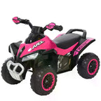 Pink kids 4-wheel ride-on motorcycle toy in full view with black seat and details
