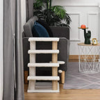 White 4-level cat climbing stairs with soft platforms, sisal posts, and hanging cat ball