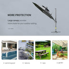 Dark grey cantilever parasol fully open with extra-wide long canopy for shade