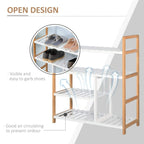 Four-tier shoe rack with natural wood frame and white slatted shelves for shoes
