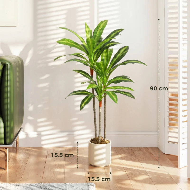 Green artificial dracaena tree with textured bendable trunks in a white pot.