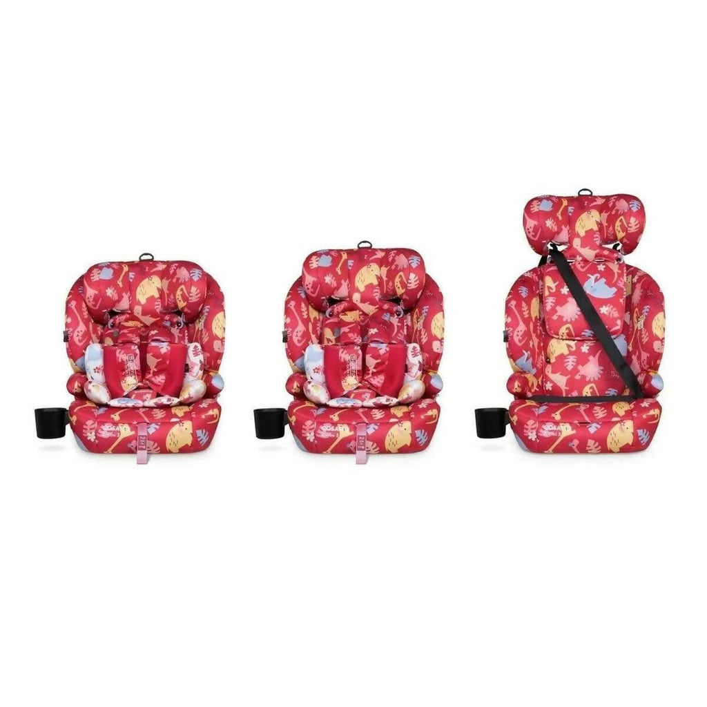 Red dinosaur-print car seat set, front, side and rear angles with harness details