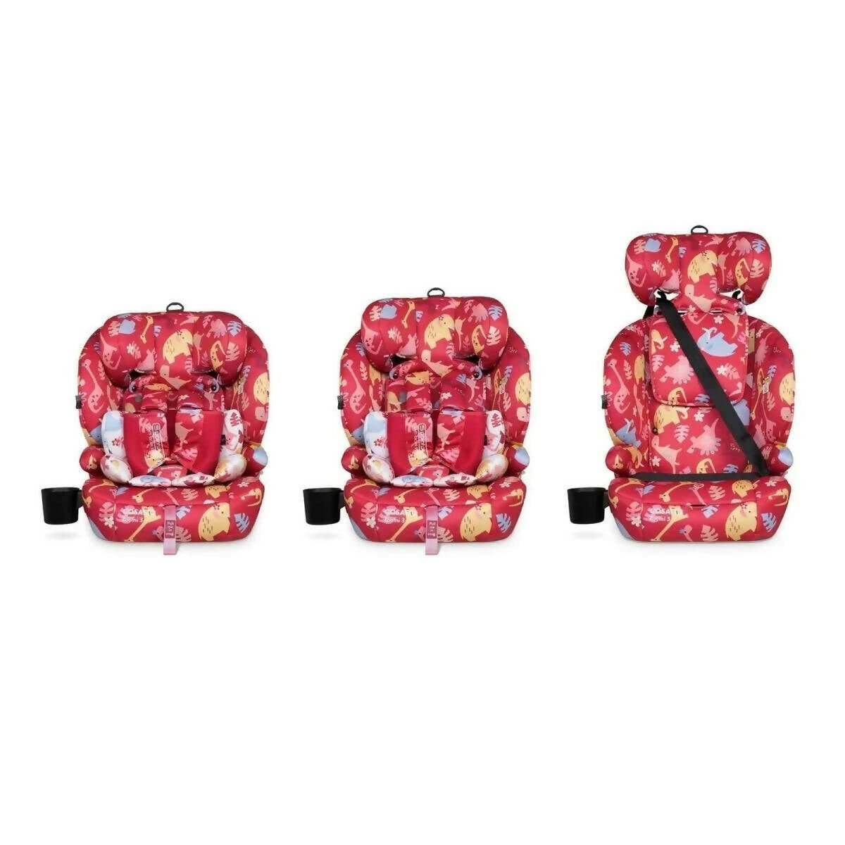 Red dinosaur-print car seat set, front, side and rear angles with harness details